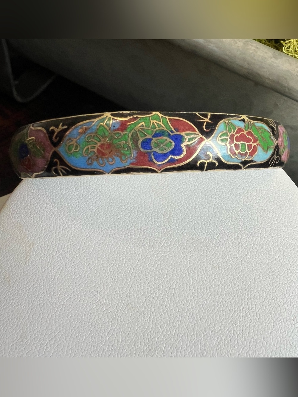Vintage Estate Flower Leaves Black Cloisonné Enamel Wide Bangle Bracelet - Picture 3 of 14